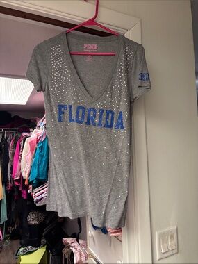 PINK Victoria's Secret Gray V-Neck 'FLORIDA' Tee with Rhinestones